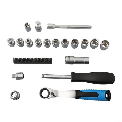 29 Piece Ratchet Socket Wrench Set Made From Heat Treated Chrome Vanadium Steel With Metric Sockets Driver Bits Extensions And Dual Direction Handle with various tools arranged.