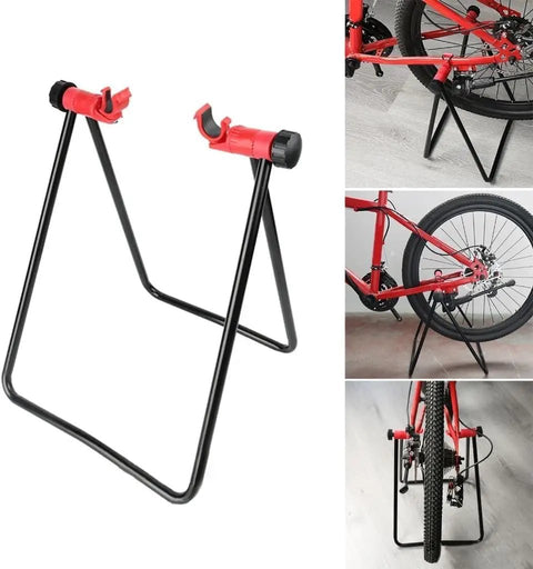 Beefy Heavy Duty Folding Bike Stand For Mountain And Road Bikes With A 360 Degree Clamp, featuring lightweight aluminum alloy and PVC material