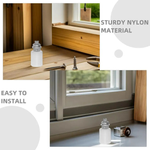 Six Piece Heavy Duty Nylon Barn Door Guide Wheel Pulleys on a wooden surface highlighting sturdy nylon material and easy installation.