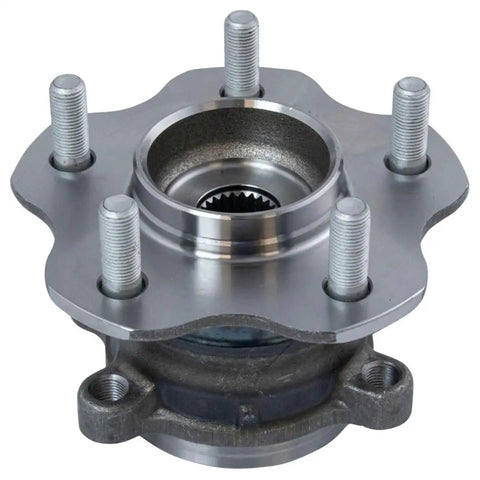 Heavy Duty Four Piece Wheel Hub And Bearing Assembly Kit Front And Rear Seamless Swap For Nissan Rogue 2.5L And 2.0L Years 2014 To 2019 Includes BHA58440 close-up view of wheel hub with five lug bolts.