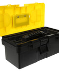 Badass Plastic Toolbox With Lockable Buckles And Removable Tray Plus Sure Grip Carry Handle For Go Anywhere Tool Holding and Straight Up Reliable Home Project Storage Cases, open view showing interior.