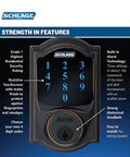 Right Hand Touchscreen Deadbolt With Built In Alarm For Keyless Entry On Main Doors Featuring Rust Resistant Aged Bronze Trim