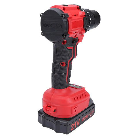 Reliable Cordless Drill Featuring A Brushless Motor And Twin Batteries For No Sweat Drilling 25 Plus One Torque Settings At 1500 RPM side view with battery.