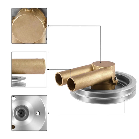 Premium Raw Sea Water Pump Replacement Featuring Rock Solid Nsk Bearing And Heavy Duty Impeller, side view showing brass and stainless steel components.