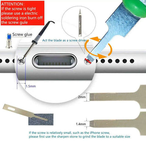 Rechargeable Broken Screw Extractor Kit Featuring Four Precision Grinding Heads For Stripped iPhone And Laptop Repair Tools Portable Electronics Fixing Collection No Sweat Straight Up Game Changer showing instructions for use with blades and circuit details.