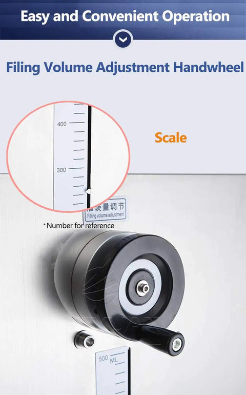 Filing volume adjustment handwheel with scale on Heavy Hitter Automatic Vertical Piston Filling Machine for Liquids And Thick Pastes.