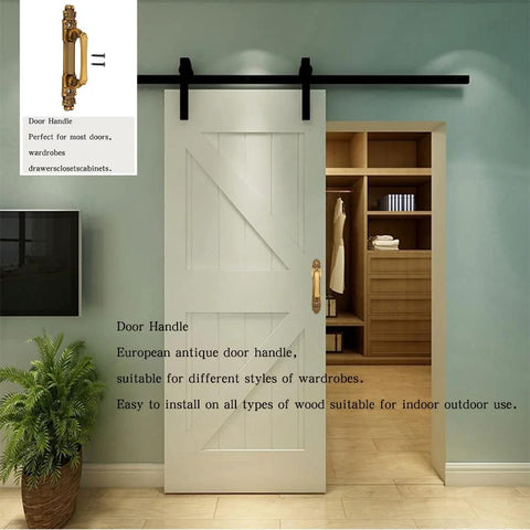 European Style Barn Door Handle Antique Metal Pull For Sliding Doors And Cabinets installed on a white sliding door