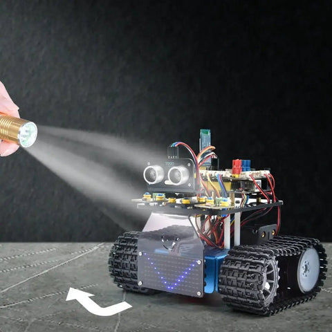 Dope Mini Smart Tank Robot V3 Programmable STEM Kit For Makers Compatible With Arduino And Mixly Line Tracking Light Following Fire Extinguishing Fun Easy Assembly For Students And Makerspaces, black tracked robot kit with sensor front