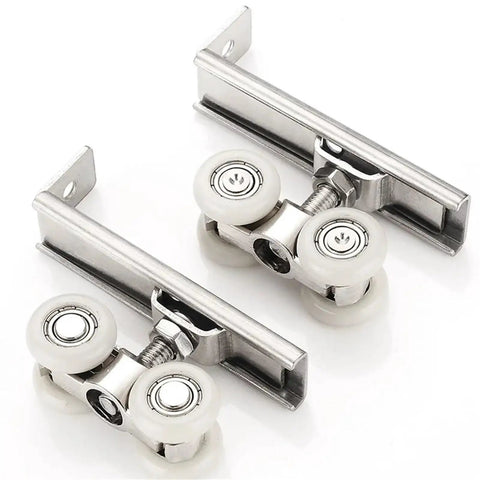 Heavy Duty Zinc Alloy Sliding Door Rollers 4 Pack Adjustable Height double wheel track pulleys with white wheels and metal tracks.