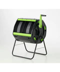Dual Compartment 48 Gallon Compost Tumbler with Easy Turning Geared Design, green handle, black structure, side view