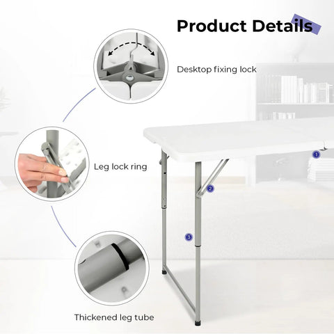 Close-up of lock mechanisms on a Sturdy 4 Foot Portable Folding Table That Folds In Half with steel legs and HDPE top.