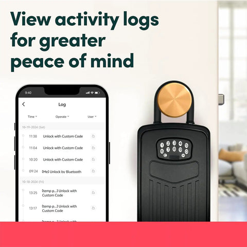 Smart Digital Key Lock Box With App Control And Bluetooth Remote Access showing activity logs on smartphone for monitoring access.