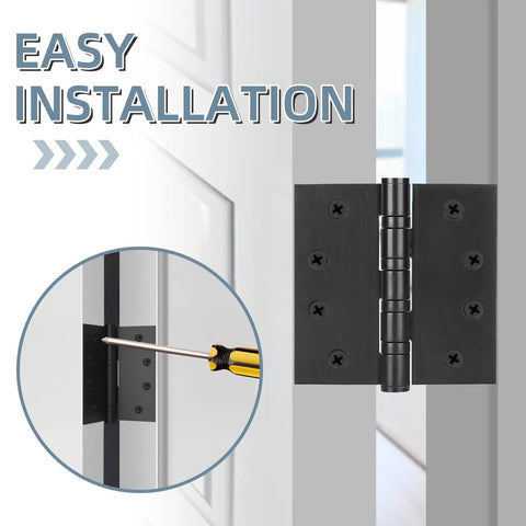 Easy installation of Six Pack Tough As Nails 4 Inch Stainless Steel Door Hinges Heavy Duty Ball Bearing Action Matte Black Finish.