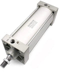 Bombproof Pneumatic Air Cylinder Featuring 4 Inch Bore And 13.78 Inch Stroke Double Acting Single Rod SC100x350 design close-up showing stainless steel body and connectors.