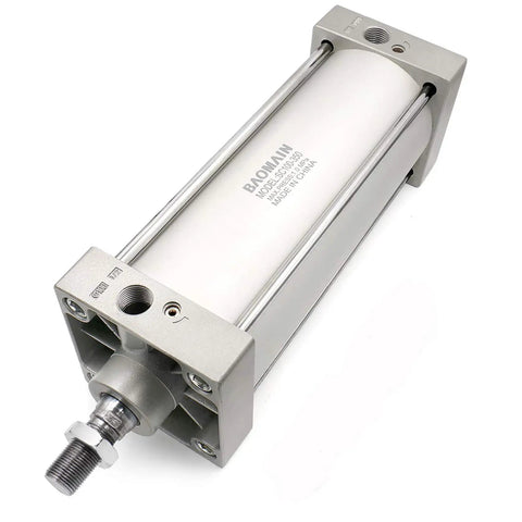 Bombproof Pneumatic Air Cylinder Featuring 4 Inch Bore And 13.78 Inch Stroke Double Acting Single Rod SC100x350 design close-up showing stainless steel body and connectors.