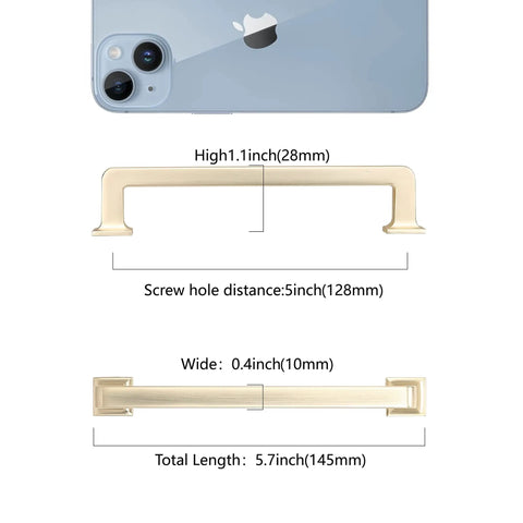 Sweet 10 Pack 5 Inch Brushed Brass Kitchen Cabinet Handles Gold Toned Drawer Pulls Featuring Smooth Edges dimensions shown with phone.