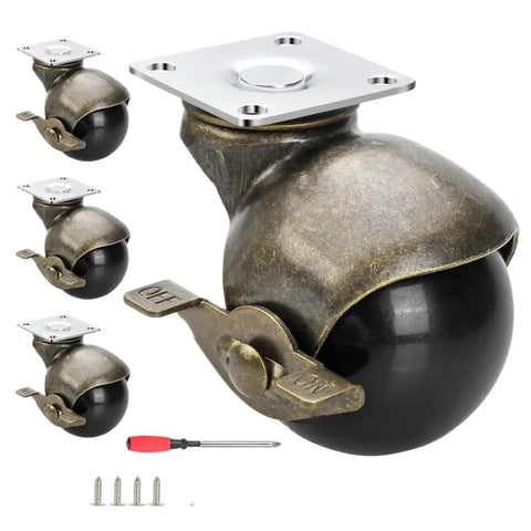 Smooth Rolling Antique Brass Swivel Casters Set Of Four Heavy Duty Two Inch Ball Caster Furniture Wheels For Vintage Sofas And Heavy Loads Top Shelf Build No Sweat Setup with silver mounting plate and accessories