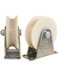 Pro Grade Heavy Duty Nylon Track Wheel Featuring A Deep U Groove Glide For Smooth Sliding Door Tracks, showing steel brackets and wheels.