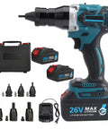 Heavy Duty Dual Purpose Cordless Electric Rivet And Nut Gun Tool Featuring Smart Memory Chip And Amped Up Lithium Pack For Rapid M Series Fastening Jobs Zero Drama with accessories and battery pack.
