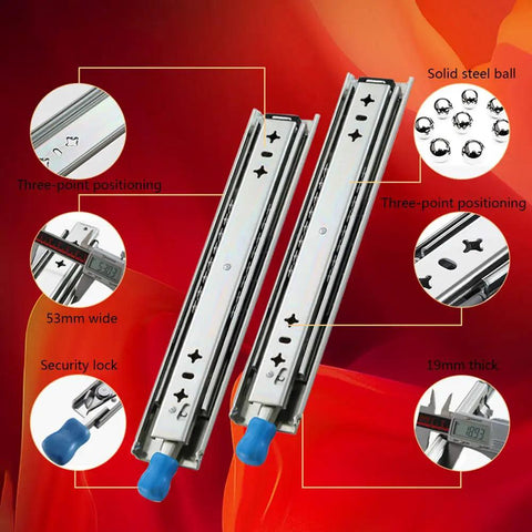 Rock Solid Workhorse Built Tough For Home Upgrade Projects Smooth Gliding Ball Bearing Runners showing three-point positioning and security lock.