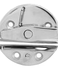 Rock Solid 316 Stainless Steel Marine Twist Latch With A Slick Mirror Finish Round Turn Button and Dead Tight Front Stop for Boat Hatches and RV Access Doors, close-up view.
