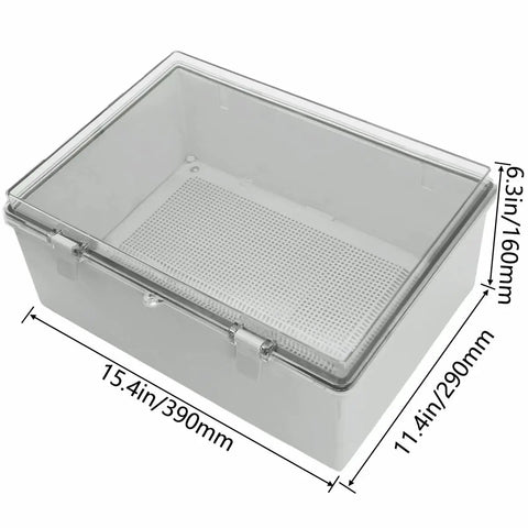 Outdoor Waterproof Junction Box With Clear Hinged Cover IP65 ABS Plastic Enclosure visible open with dimensions 15.4x11.4x6.3 inches