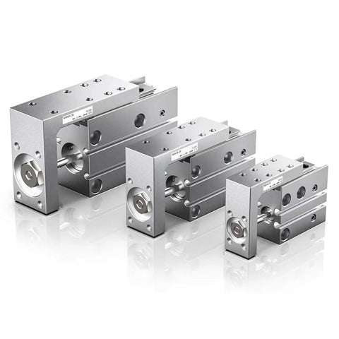 Precision Pneumatic Linear Guide Cylinder Featuring Rock Solid Side Rails And Heavy Duty Support Rods For Dead-On Alignment And Reliable Double Acting Motion, shown in various sizes.