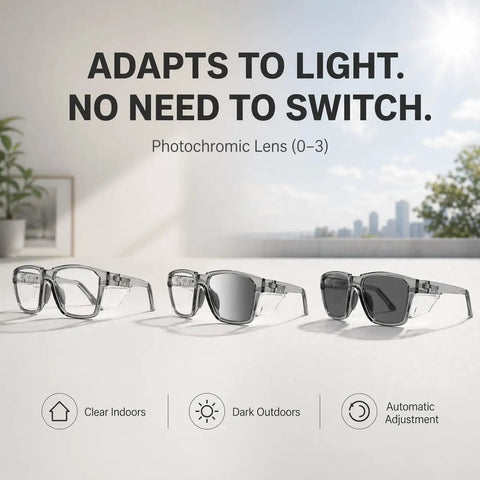 Built Tough Photochromic Safety Glasses With Auto Darkening Lenses Shifting From Clear Indoor View To Dark Shades Outside, three lenses shown.