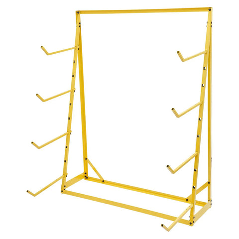 Heavy Duty Four Tier Cantilever Storage Rack With Badass 440 Lb Capacity Adjustable Pipe Organizer And Zero Hassle Freestanding Lumber Setup For Real Garage Grind Meant To Handle Long Boards Without Drilling In Bright Yellow, side view.