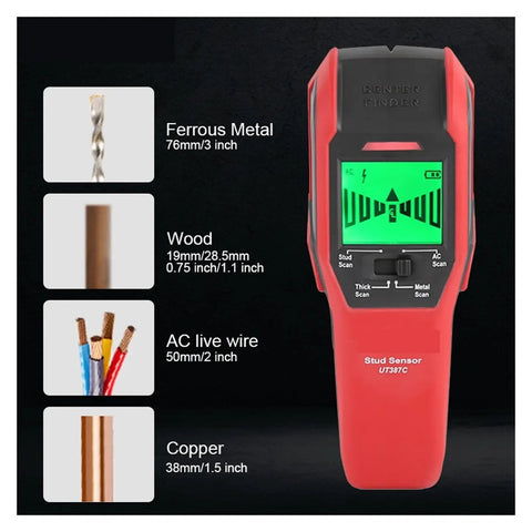 Heavy Duty Digital Wall Scanner And Stud Finder With Live Wire And Electric Cable Detector Metal Probe Tool showing detection details.
