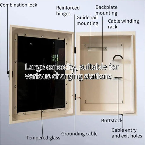 Rock Solid EV Charger Lock Box with Key Outdoor Water Resistant cover showing interior features and combination lock.