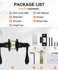 4 Pack Black Wave Style Privacy Door Handles With Lock package contents overview with lever set and installation tools.
