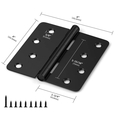 Heavy Duty Matte Black 4 Inch Door Hinges 12 Pack Featuring Smooth Swinging Motion And Quick No Mess Setup For Exterior Doors Crafted From Dang Tough Stainless Steel, showing dimensions and screws.