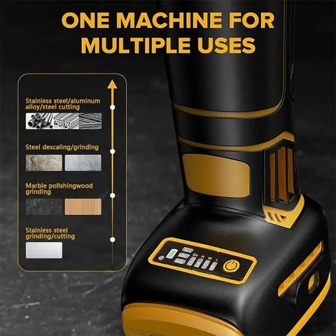 125mm Cordless Brushless Angle Grinder Kick Ass Power Tool Heavy Duty Polisher Machine showing versatile functions for stainless steel and wood.