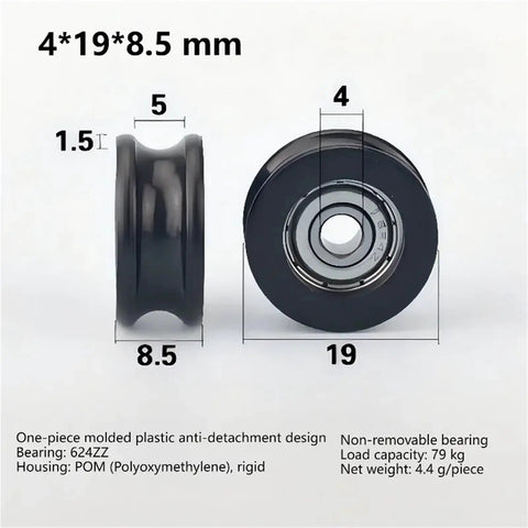5 Pack Nylon U Groove Pulley Wheels With Embedded Ball Bearings Fits 8mm Bore And 40mm Outer Diameter For Linear Tracks And Transmission Setups Smooth Roll And Low Friction POM Construction Keeps Your Rig Running Like New While You Crush Every Project, showing dimensions 4*19*8.5 mm and POM material.