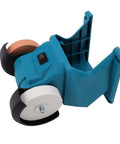 No Strings Attached Cordless Mini Bench Grinder With Dual 70mm Grinding Wheels Spinning At 5500 RPM for sharpening, angled view.