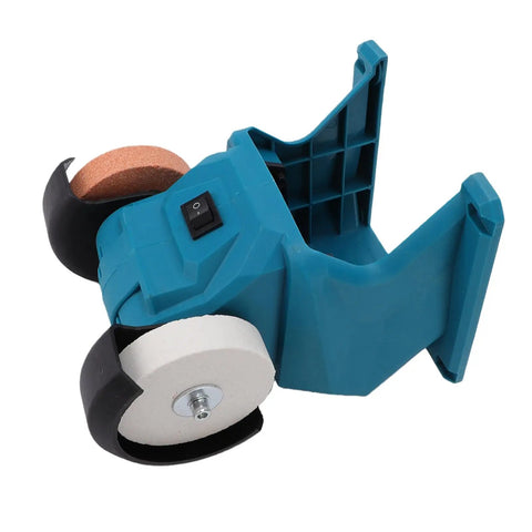 No Strings Attached Cordless Mini Bench Grinder With Dual 70mm Grinding Wheels Spinning At 5500 RPM for sharpening, angled view.