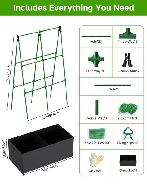 Adjustable A Shape Garden Trellis With Grow Bags For Climbing Vegetables And Flowers Metal Plant Support With Garden Netting Breathable Grow Bag Kit For Indoor And Outdoor Use Ready To Use Rustproof Ties Included All In One Growing System showing components and dimensions
