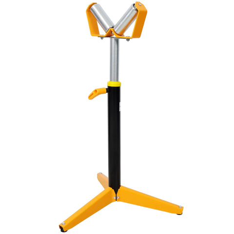 Rock Solid Adjustable V Pipe Roller Stand With Ultra Wide 29 To 48 Inch Height Range, chrome roller, supports lumber and pipes.
