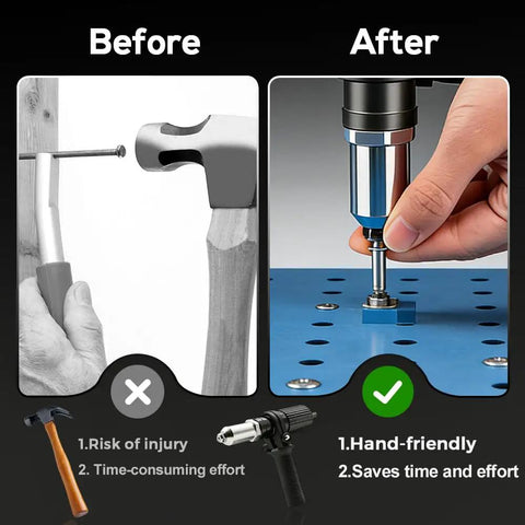 Comparison of traditional hammering and All In One Rivet Gun Adapter Kit With Four Interchangeable Heads, shows efficiency and ease.
