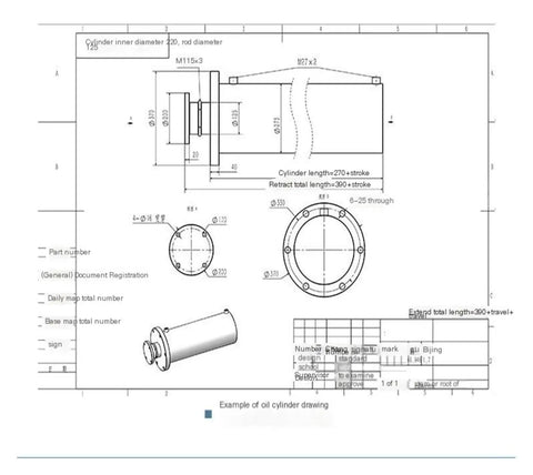 Technical drawing of a 100 Ton Front Flange Hydraulic Cylinder Heavy Duty Workhorse With Two Way Oil, One Way High Pressure Electric Lift