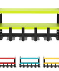 Power Tool Organizer With Five Drill Holders And Wall Mount Shelf in green, showing two shelves and drill slots. Premium steel construction.