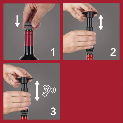Steps to use Six Pack Vacuum Wine Stoppers Set For Open Bottles, No-Fuss Reusable Rubber Cork Alternatives That Create Airtight Seals With Wine Saver Pump, Keeps Wine Fresh Up To 10 Days, Gray.