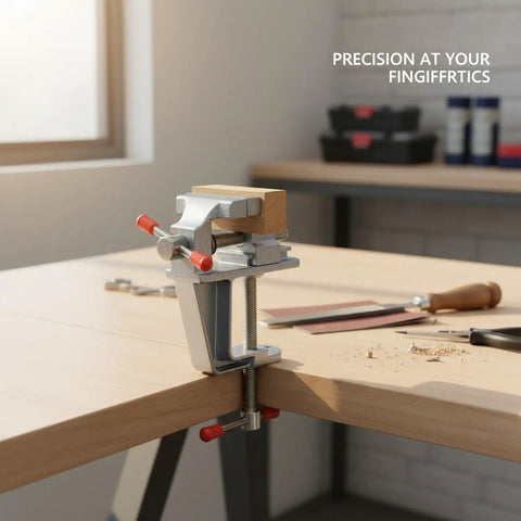 Compact Aluminum Bench Vise For Tiny Workpieces, Portable Desktop Clamp For Drilling And Filing, Easy Tightening, Secure Hold For Precise Assembly And Hands Free Operation on a wood workbench
