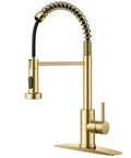 Gold Kitchen Faucet With Pull Down Sprayer, stainless steel commercial pro grade single handle spring pull down sink faucet, side view.