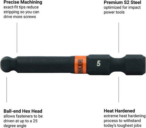 Ball End Hex 5/32 Inch Impact Driver Bit Set 2 Inch Quick Release 1/4 Inch Shank S2 Steel Beefy Premium 5 Pack Built For Heavy Duty Tools With Precise Machining And Heat Hardened Tips To Prevent Stripping, as shown in close-up view.