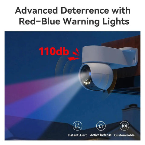 Advanced deterrence with red-blue warning lights on Two Pack 8MP IP Camera Wireless Security Setup With Dead Reliable WiFi6 Connectivity.