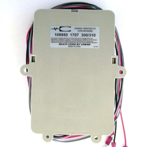 Front view of 12 To 30 Volt Gate Receiver For Automatic Opener Systems, MCS109950 Linear Stanley Compatible Radio Receiver with wires.