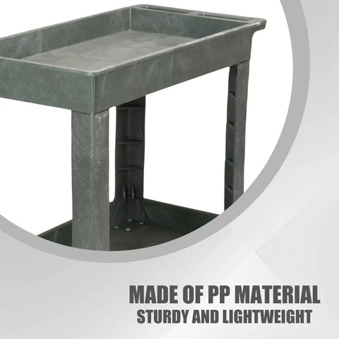 Heavy Duty Two Shelf Rolling Utility Cart With Smooth Rollin Casters And Straight Up Tough Frame For Massive Storage Loads Around Commercial Garage Or Workshop Indoor Outdoor Rust Proof Setup showing sturdy PP material and lightweight design.