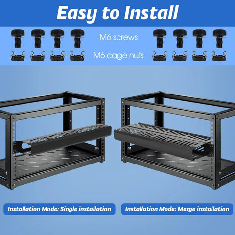 Four Pack 19 Inch 1U Server Rack Cable Management Kit with 24 Slot Horizontal Cable Raceway Gear, M6 screws and cage nuts shown